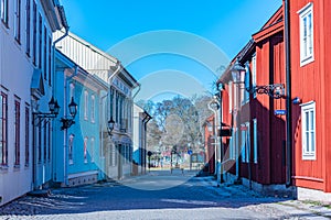 Beautiful old timber houses in Wadkoping historical quarter of Orebro, Sweden