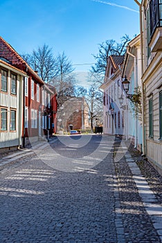 Beautiful old timber houses in Wadkoping historical quarter of Orebro, Sweden