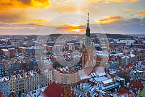 Beautiful old town of Gdansk with City Hall at sunset, Poland