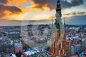 Beautiful old town of Gdansk with City Hall at sunset, Poland