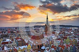 Beautiful old town of Gdansk with City Hall at sunset, Poland