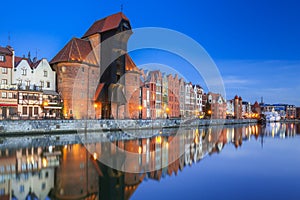 Beautiful old town of Gdansk with historic Crane at Motlawa river, Poland