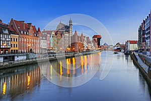 Beautiful old town of Gdansk with historic Crane at Motlawa river, Poland