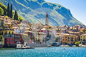 Beautiful old town harbor in Italian city of Varenna