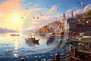 Beautiful old town of Istanbul, Turkey at sunset. 3D rendering, A bustling harbor with fishing boats and seagulls, AI Generated