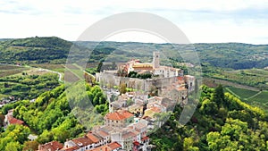 Beautiful old town of Motovun, stone houses and church tower bell, romantic architecture in Istria, Croatia