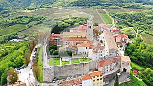 Beautiful old town of Motovun, stone houses and church tower bell, romantic architecture in Istria, Croatia