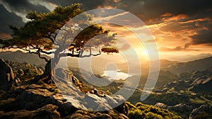 Beautiful old tree grown on the edge of a rock with amazing cloud