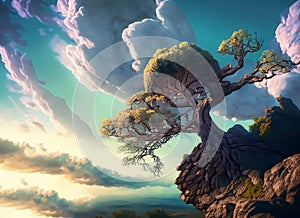 beautiful old tree grown on the edge of a rock with amazing clouds on the side. Generative AI