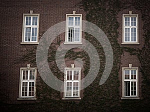 Beautiful old window on a brick wall background of an old house