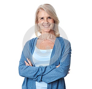 Beautiful older woman smiling. Isolated