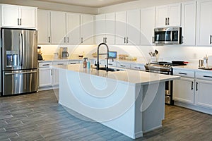 Beautiful open kitchen design in new home with large island, stainless steel appliances, white cabinets, and tile floors