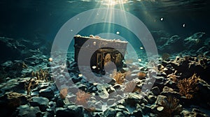 beautiful opened empty old wooden treasure chest submerged underwater world with anchor, amphora and light rays, close