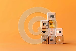On a beautiful orange background, wooden blocks with words identity, equity, diversity, inclusion, belonging are