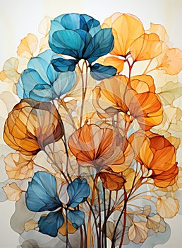 Beautiful orange and blue flowers and leaves watercolor painting.