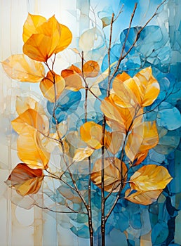 Beautiful orange and blue flowers and leaves watercolor painting.