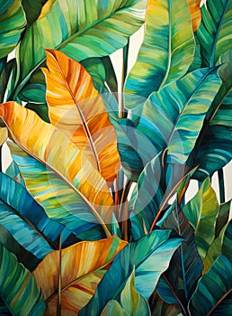 Beautiful orange and blue tropical plants painting.