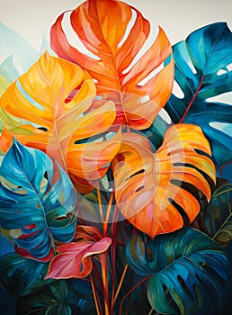 Beautiful orange and blue tropical plants painting.