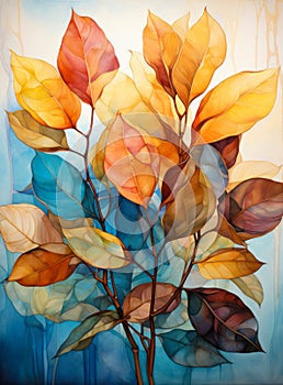 Beautiful orange and blue tropical plants painting.