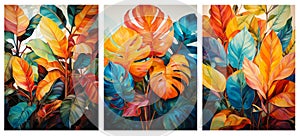 Beautiful orange and blue tropical plants watercolor painting.