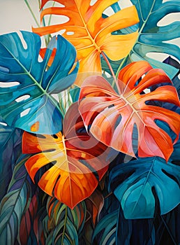 Beautiful orange and blue tropical plants watercolor painting.