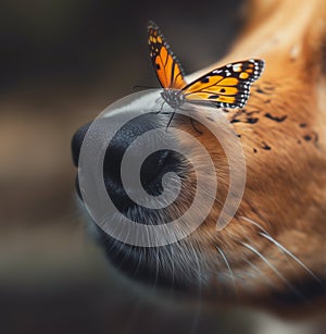 Beautiful orange butterfly close-up photo sitting on its big dog friend\'s nose. Friendship, beauty in Nature and lovely pets