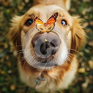 Beautiful orange butterfly close-up photo sitting on its big golden retriever dog dog friend\'s nose. tu