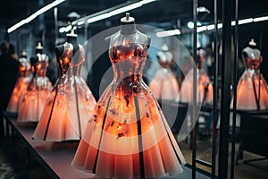 Beautiful orange dresses on glowing mannequins