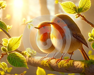 Beautiful Orange European Robins Springtime Morning Sunrise Tree Branch Small Birds AI Generated