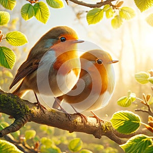 Beautiful Orange European Robins Springtime Morning Sunrise Tree Branch Small Birds AI Generated