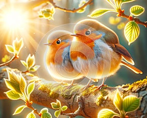 Beautiful Orange European Robins Springtime Morning Sunrise Tree Branch Small Birds AI Generated