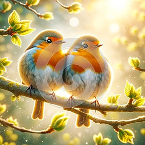 Beautiful Orange European Robins Springtime Morning Sunrise Tree Branch Small Birds AI Generated