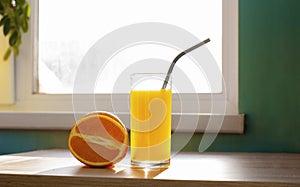 Beautiful orange fruit and glass of juice with iron nont plastic tubule near the window on table lifestile picture