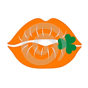 Beautiful orange lips with clover leaves isolated on white background. Flat clipart image. Happy St. Patrick's Day
