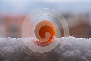 beautiful orange ping pong ball in the snow