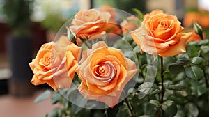 Beautiful orange roses in flowerpot on blurred background, closeup