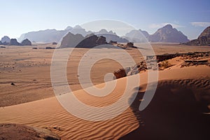 Beautiful orange sands dune of Wadi Rum desert the unique landscape