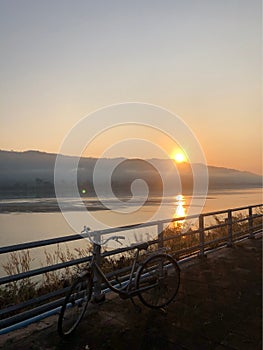 Beautiful orange sky sunrise in the morning background at Khong River Thailand