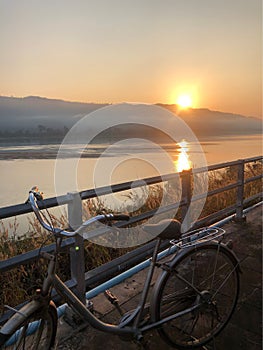 Beautiful orange sky sunrise in the morning background at Khong River Thailand