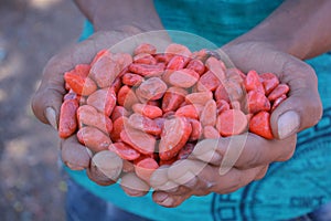 Beautiful orange stones in hand background