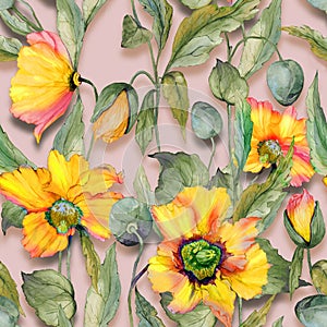 Beautiful orange welsh poppy flowers with green leaves on beige background. Seamless floral pattern. Watercolor painting.
