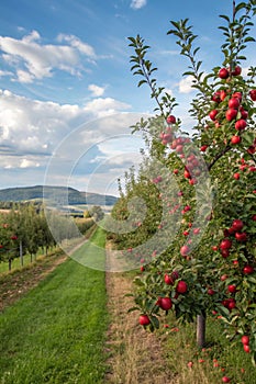 Red apple orchard. A line of ripe red apple trees in an orchard photo