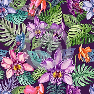 Beautiful orchid flowers and monstera leaves on dark purple background. Seamless tropical floral pattern. Watercolor painting.