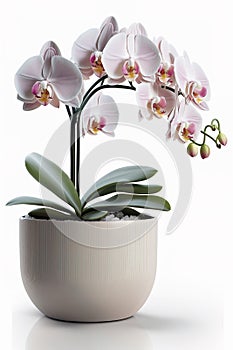 Beautiful orchid house plant on a pot over white background