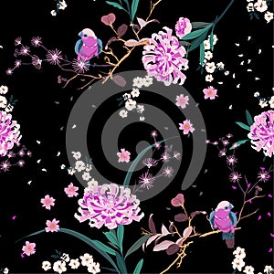 Beautiful oriental garden flower with blooming botanical and cherry bloosom florals in the night seamless pattern vector design