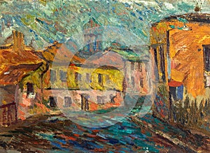 Beautiful Original Oil Painting of street of Chernivtsi On Canvas