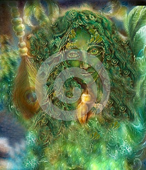 Beautiful ornamental emerald fairy with peacok feather, illustration