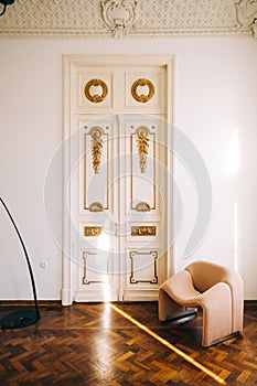 Beautiful ornamental vintage door in bright living room, interior details