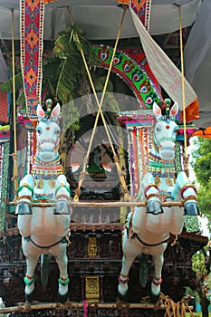 Beautiful ornaments of the parivar temple car at the great temple car festival of the thiruvarur sri thyagarajar temple.