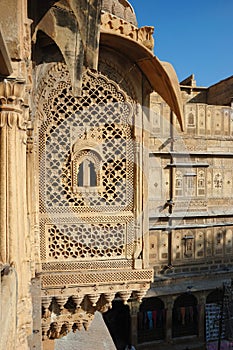 Beautiful ornate balcony of old haveli,unesco heritage, Rajasthan, India